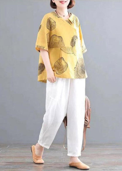 Retro Yellow O-neck Print Top and Crop Pants Two Pieces Set Summer
