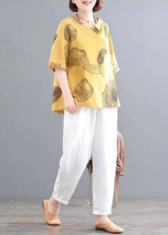 Retro Yellow O-neck Print Top and Crop Pants Two Pieces Set Summer