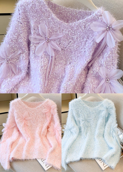 Boutique Pink Faux Mink Hair Knitted Cozy Sweater Winter