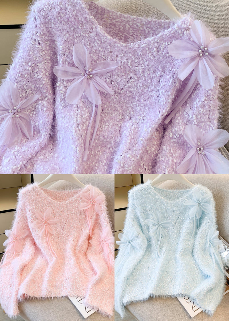 Sky Blue Decorated Sweaters Oversized Nail Bead Winter