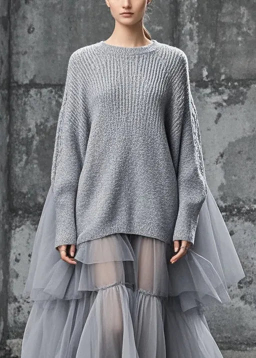 Grey Oversized Patchwork Tulle Sweater Dress Fall