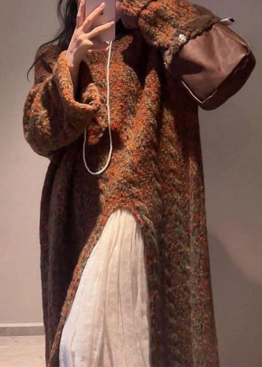Handmade Coffee O-neck Asymmetrical Cotton Knit Long Sweaters Winter