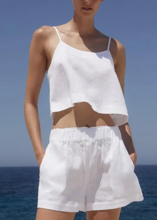 Boutique White O Neck Holiday Linen Tank Top Summer