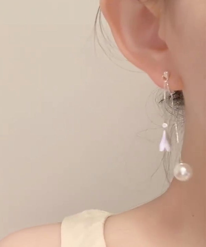 White Alloy Love Pearl Tassel Drop Earrings