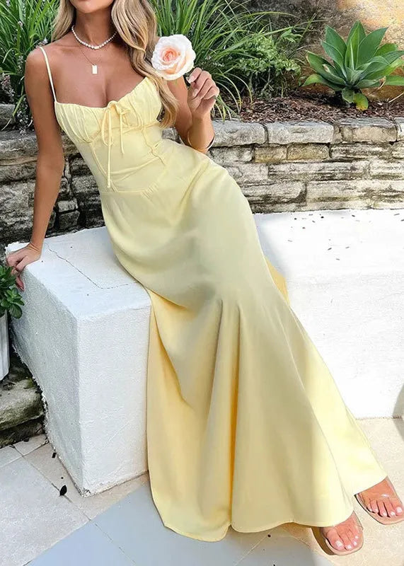 Yellow Lace Up Cotton Spaghetti Strap Dress Summer
