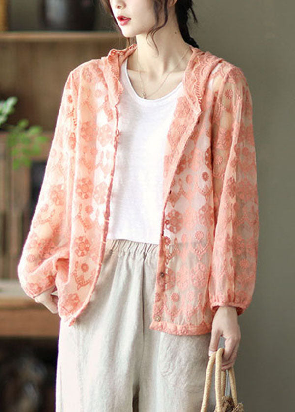 Loose Pink Embroideried Patchwork Lace Cardigans Long Sleeve