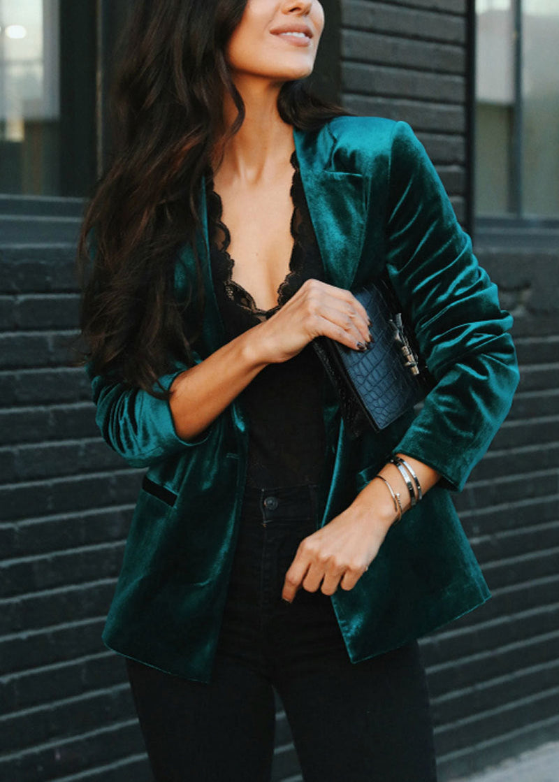 Blackish Green Notched Pockets Velvet Suit Coat Fall