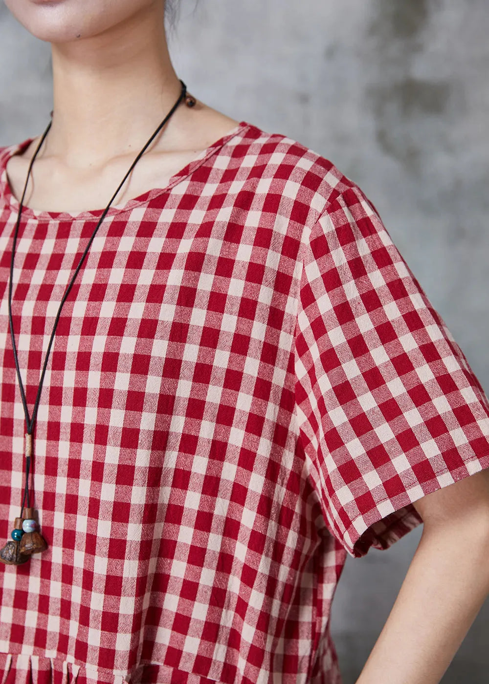 Classy Red Oversized Plaid Linen Dress Summer