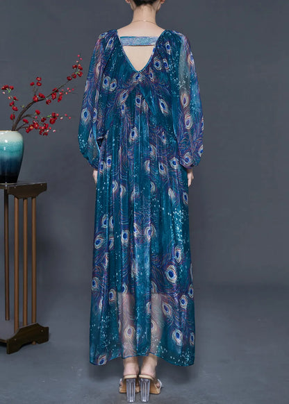 Fine Peacock Green Oversized Feather Print Chiffon Maxi Dress Spring