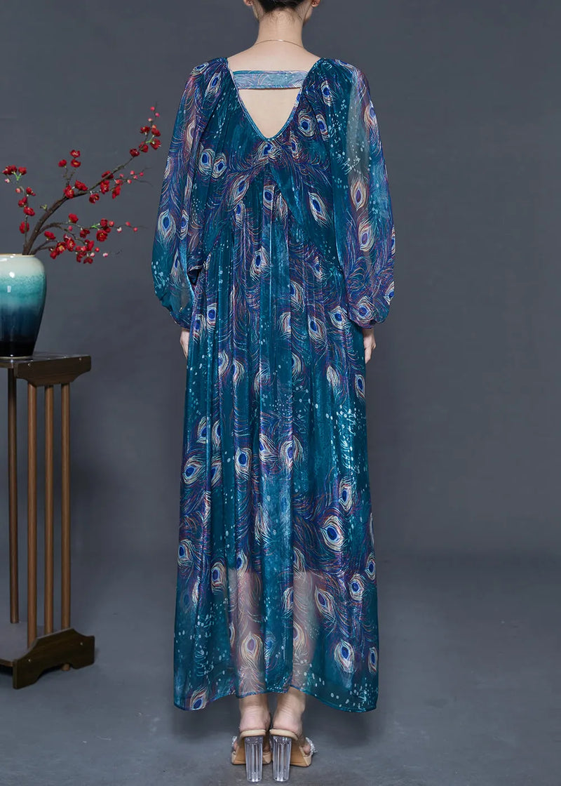 Fine Peacock Green Oversized Feather Print Chiffon Maxi Dress Spring