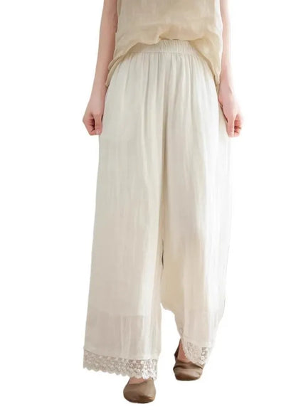 New Black Lace Patchwork Elastic Waist Linen Wide Leg Pants Summer