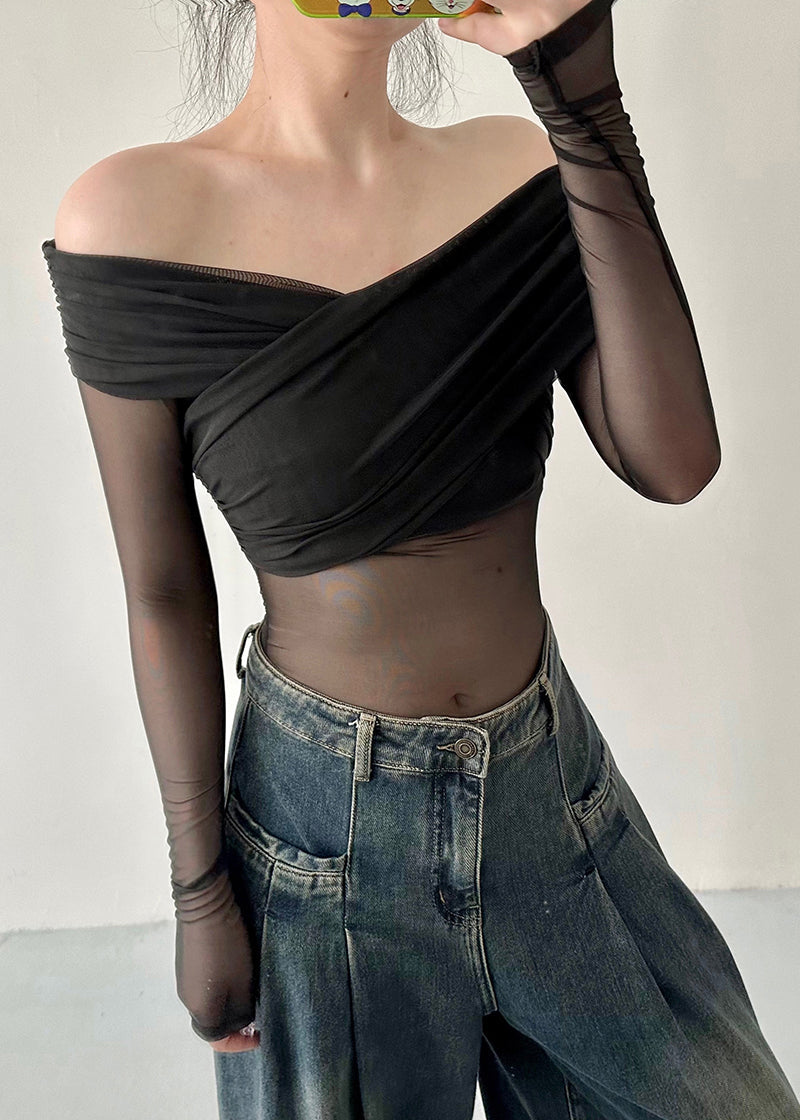 Black Cold Shoulder Tulle Blouse Tops Fall