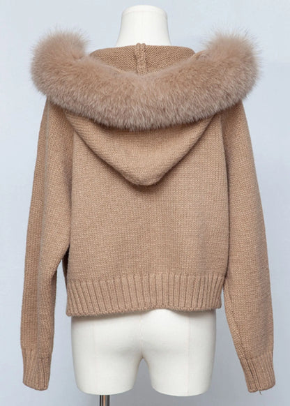Coffee Zippered Patchwork Knit Fall Coats Hooded