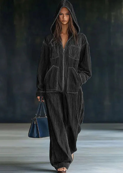 Black Hooded Zippered Patchwork Denim Jumpsuit Fall