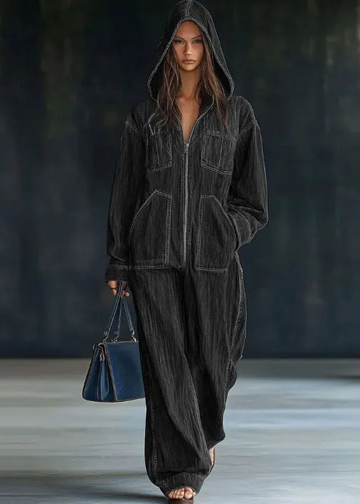 Black Hooded Zippered Patchwork Denim Jumpsuit Fall