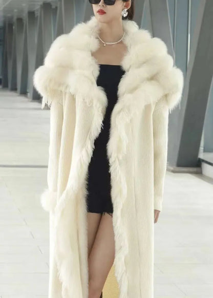 Classy Beige Fox Collar Patchwork Knit Cardigan Winter