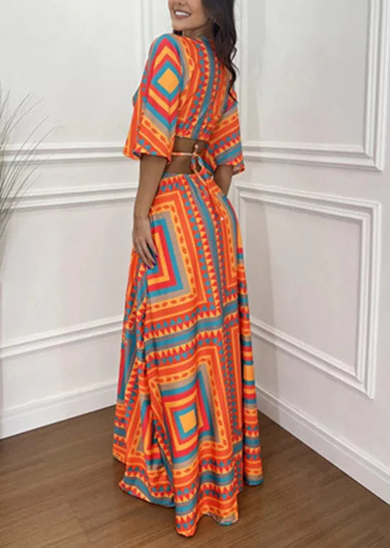 Orange V Neck Print Hollow Out Cotton Dresses Batwing Sleeve