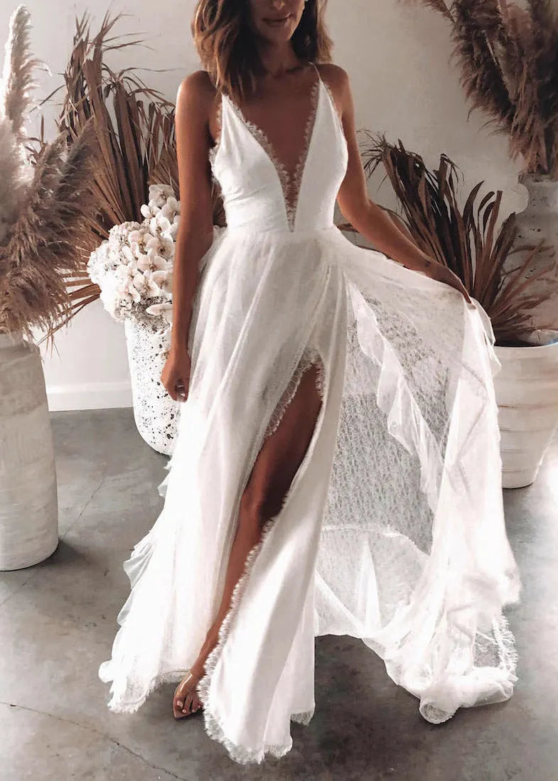 Fine White V Neck Side Open Lace Spaghetti Strap Dress Summer