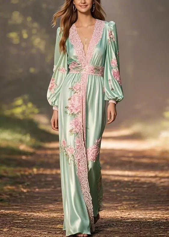 Green V Neck Print High Waist Silk Long Dress Spring