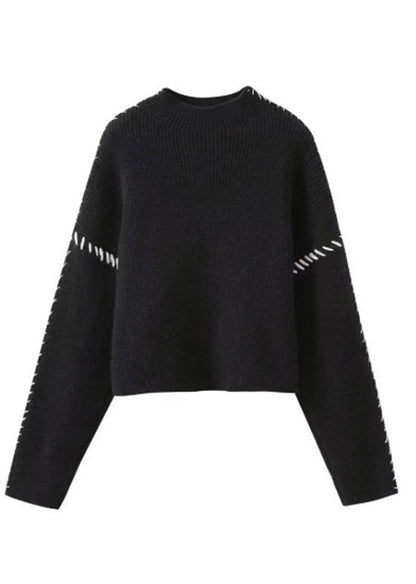 European and American Style Black O Neck Patchwork Knit Sweater Tops Spring