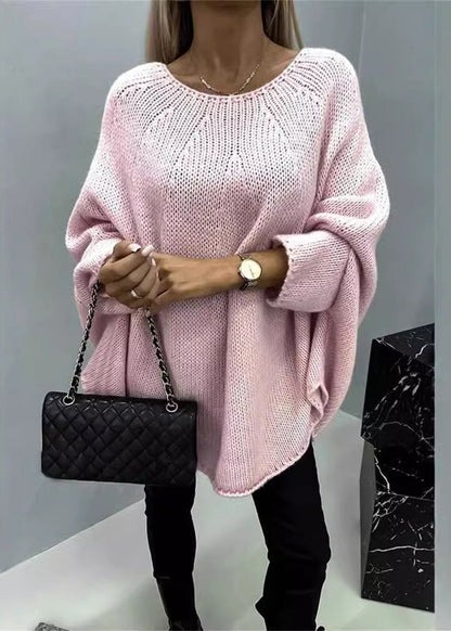 Khaki O Neck Knit Sweater Batwing Sleeve