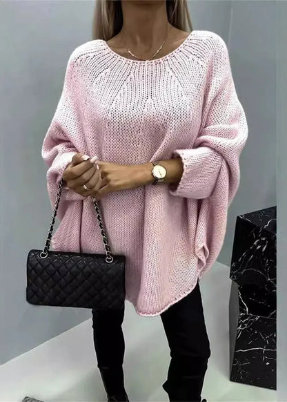 Khaki O Neck Knit Sweater Batwing Sleeve