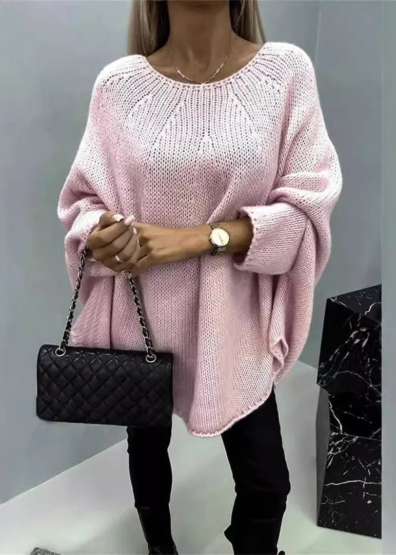 Khaki O Neck Knit Sweater Batwing Sleeve