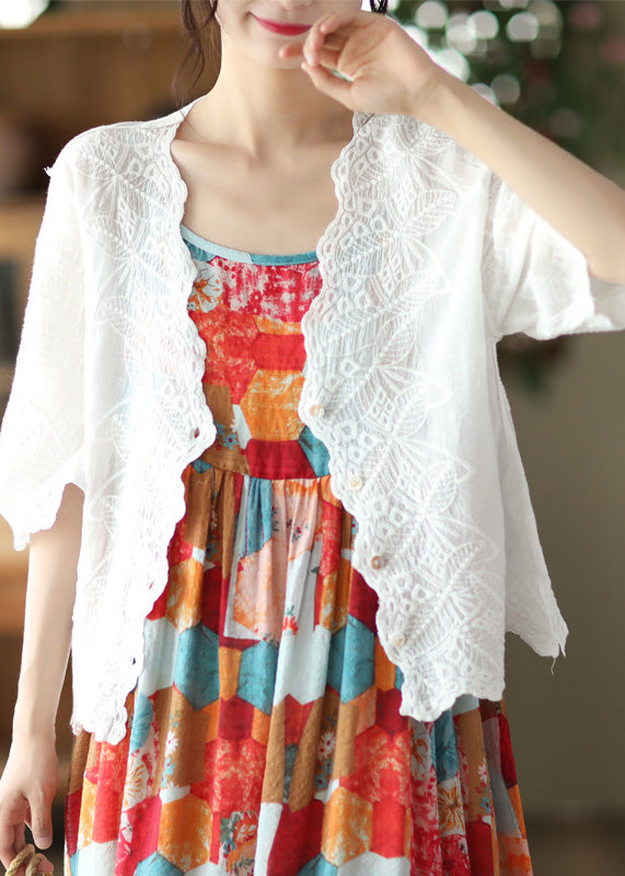 Modern White V Neck Embroidered Cotton Cardigan Short Sleeve