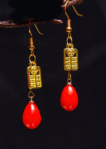 Stylish Red Coral 14k Gold Abacus Drop Earrings