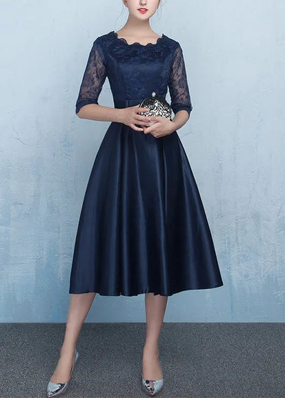 Navy Lace Patchwork Silk Dresses Summer