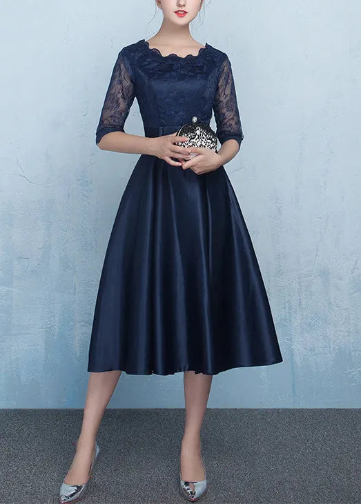 Navy Lace Patchwork Silk Dresses Summer