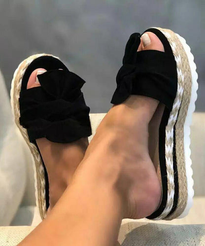 Bow Splicing Wedge Black Suede Slide Sandals
