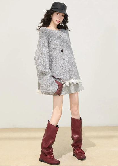 Grey Oversized Patchwork Knit Sweaters Winter