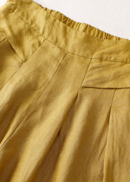 Unique Yellow Pockets Elastic Waist Linen Pants Summer