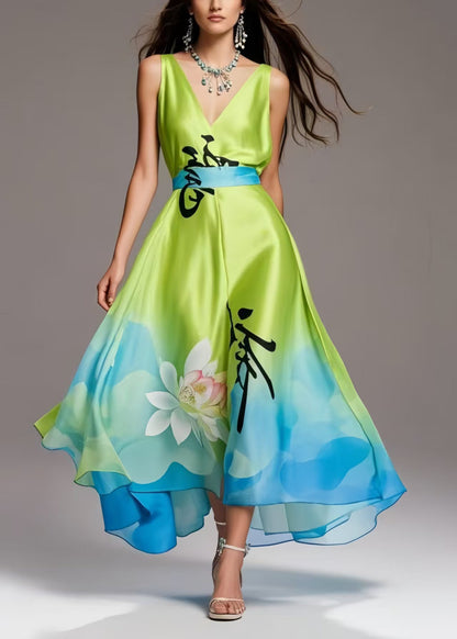Grass Green Print Exra Large Hem Silk Party Dress Summer