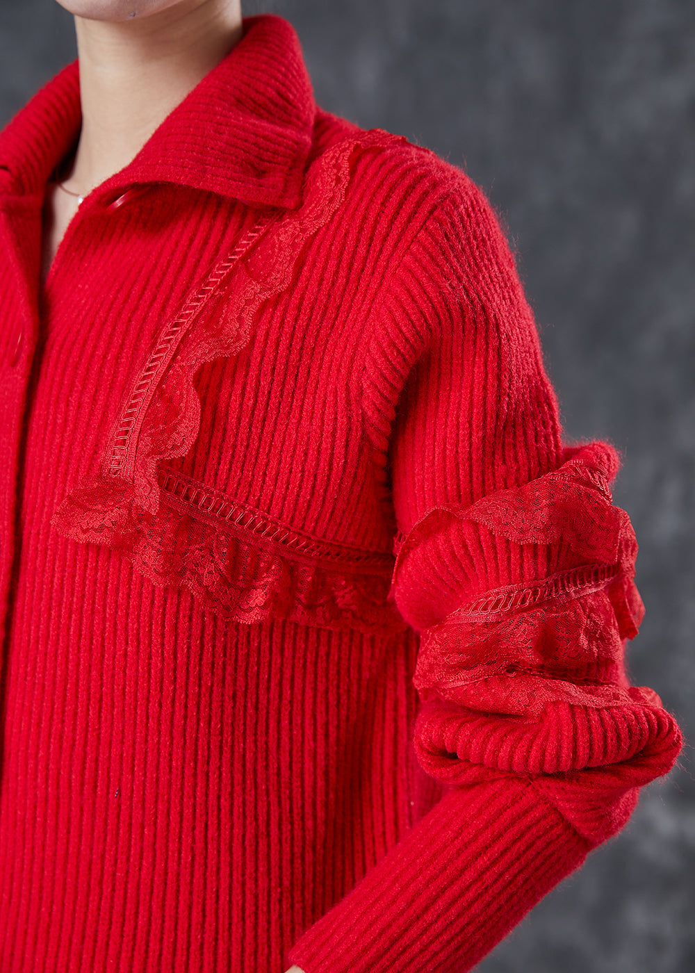 Red Peter Pan Collar Lace Patchwork Knit Coats Winter