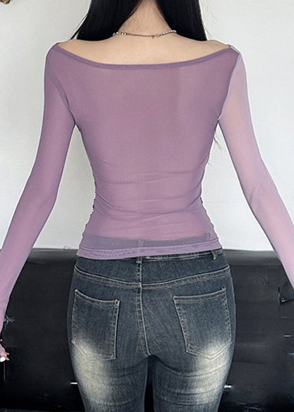 Purple Slash Neck Wrinkled Tulle Top Spring