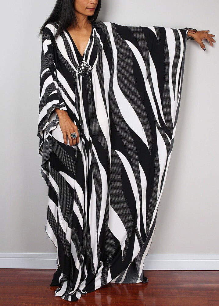 Zebra Pattern V Neck Cotton Vacation Dresses Summer