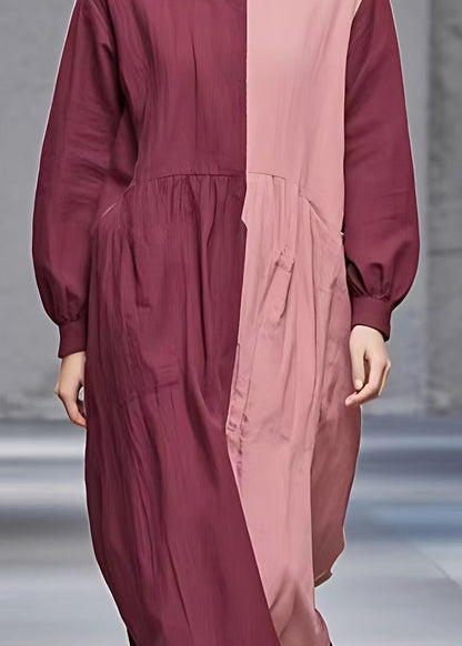 Red Patchwork Wrinkled Maxi Dress Long Sleeve