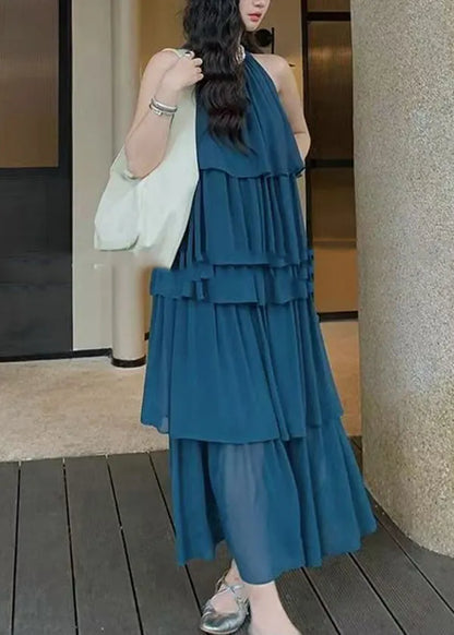 Coffee O Neck Layered Wrinkled Patchwork Chiffon Dresses Sleeveless