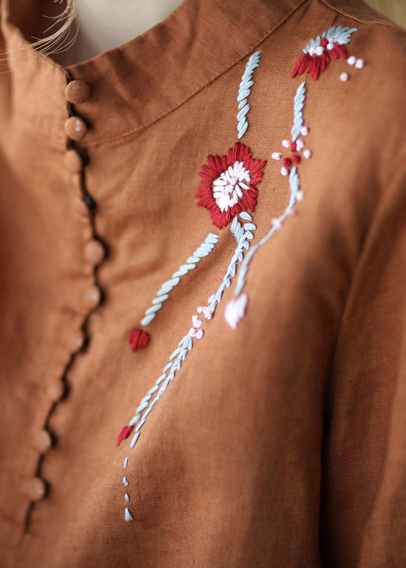 Navy Stand Collar Embroidered Button Linen Shirts Long Sleeve