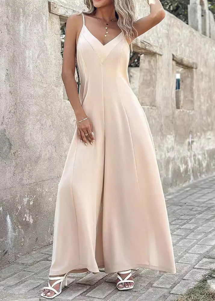 Boutique Apricot V Neck Spaghetti Strap Cotton Jumpsuits Spring