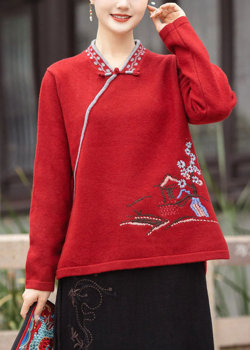 Red V Neck Oriental Button Embroidered Knit Tops Winter