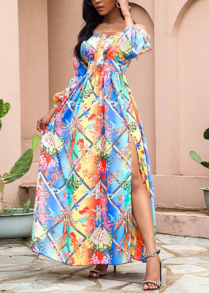 Red Slash Neck Print Side Open Cotton Dress Long Sleeve
