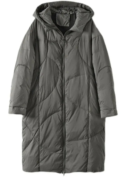 Street Grey Hooded Zippered Pockets Thick Winter Down Coats