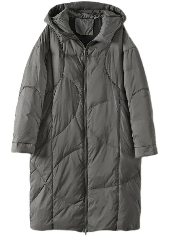 Street Grey Hooded Zippered Pockets Thick Winter Down Coats
