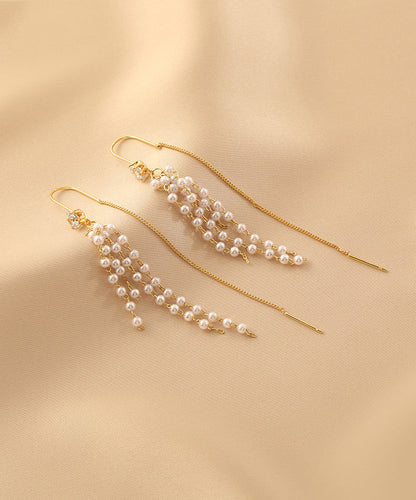 Gold Sterling Silver Alloy Pearl Tassel Drop Earrings
