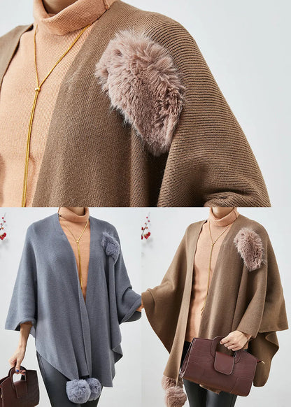Grey Oversized Fuzzy Ball Decorated Knit Cardigan Fall