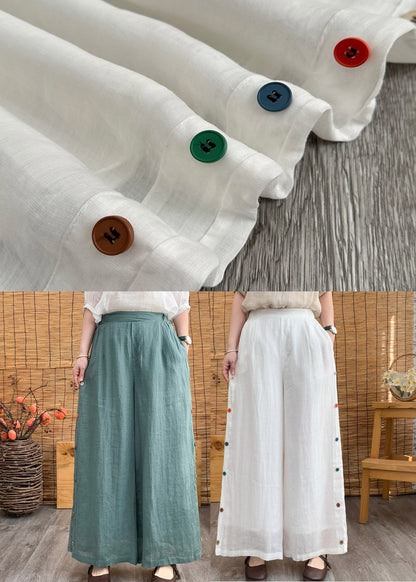 White Elastic Waist Linen Wide Leg Pants Summer