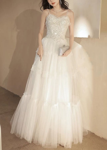 White Ruffled Sequins Tulle Spaghetti Strap Dress Sleeveless